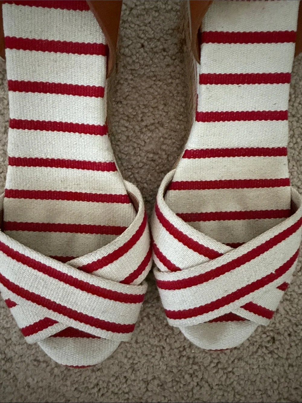 Tory Burch Red and White Striped Espadrille Wedge Sandals with Tan Ankle Strap